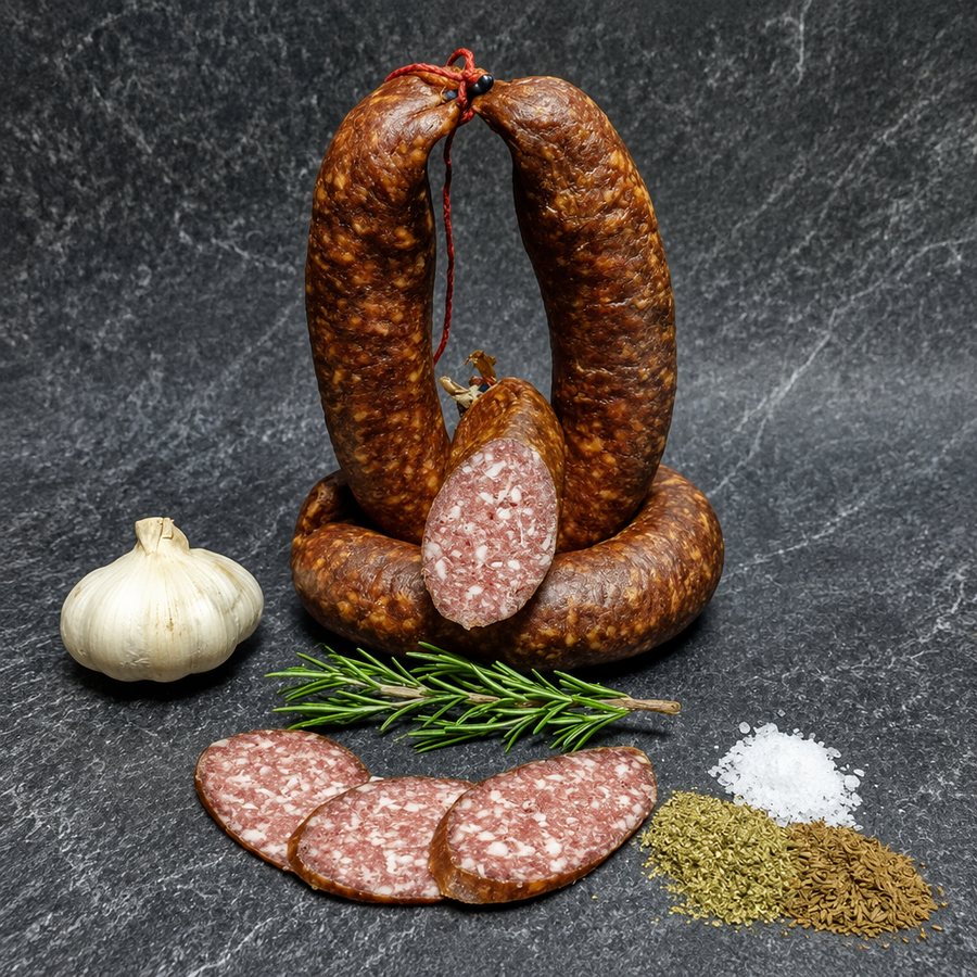 Rinderknacker im Ringel von Gut-Hof-Gruber, im Ganzen und aufgeschnitten, mit Knoblauch, Rosmarin und Gewürzen auf dunklem Untergrund.