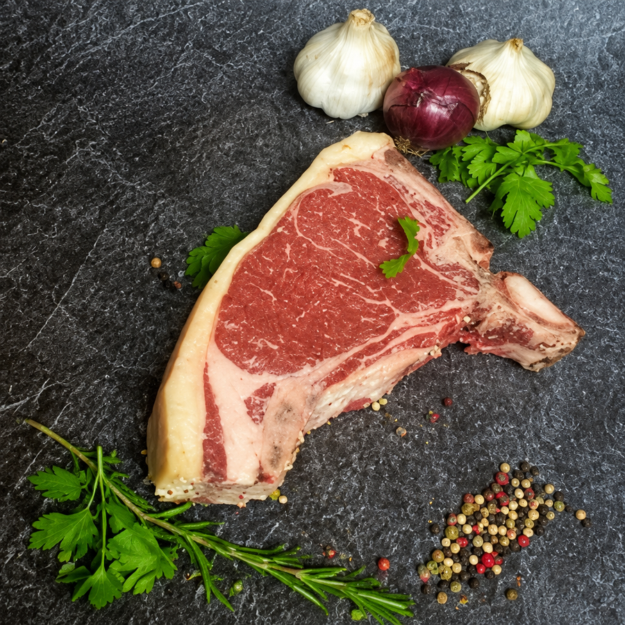 Roastbeef am Stück mit Knochen und Fettrand, mit Kräutern, Knoblauch und roter Zwiebel auf dunklem Untergrund.